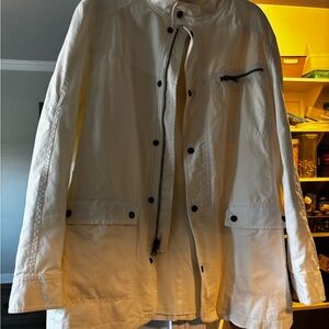 Express white jacket snap front with zipper.  High collar.  Large in EUC